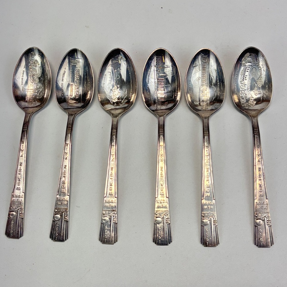 Rogers Souvenir Spoon Set 6pc 1939 New York World's Fair Silverplate Art Deco